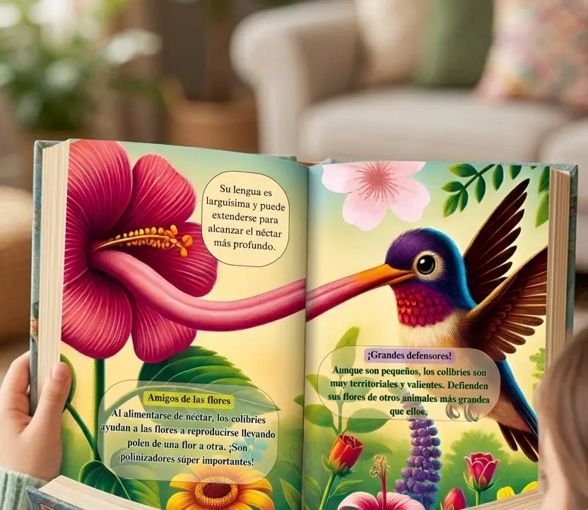 chica leyendo sobre animal colibrí