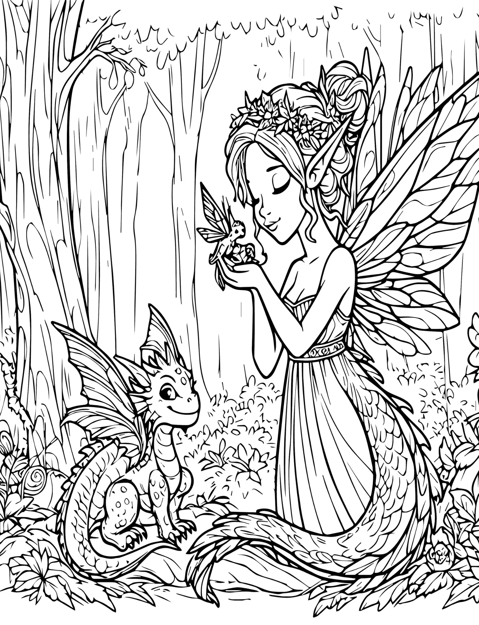 Niña coloreando Hadas y Bebé Dragones