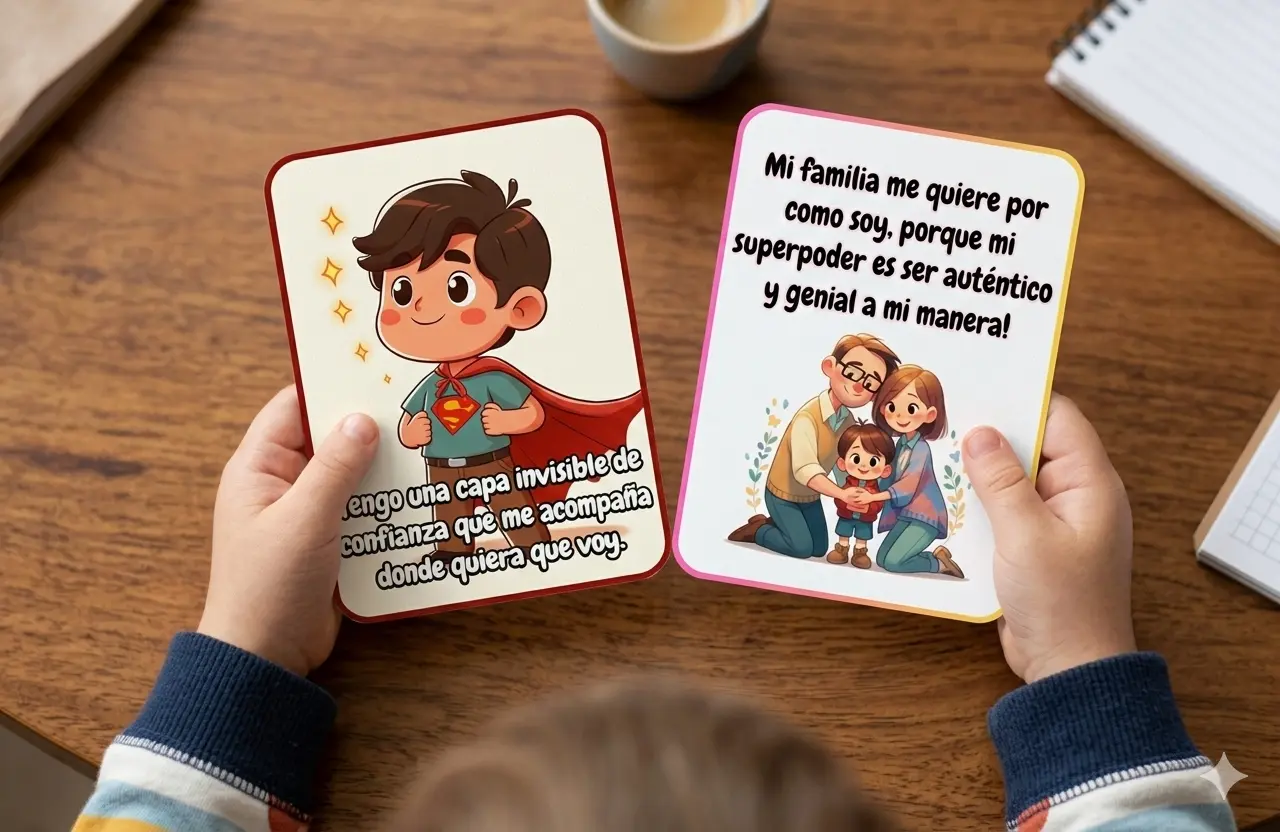 Niña usando tarjetas afirmativas
